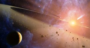 The extrasolar planet and asteroid belts in Epsilon Eridani. Artist Impression from NASA-JPL-Caltech