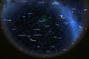 The March night sky and the five brightest stars in the Northern Hemisphere: Vega, Arcturus, Capella, Sirius, and Rigel. Image created using Stellarium Software.