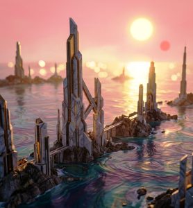 Rom-Enjie, the distant oceanic world as described in The Space Traveller’s Lover.