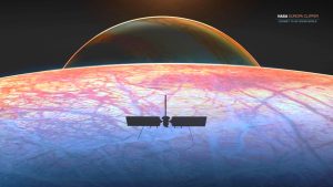 Artist’s rendering of NASA’s Europa Clipper spacecraft above Europa, Jupiter’s icy moon. Beginning in 2031, the probe will make a series of flybys to study the moon’s subsurface ocean. Credit: NASA.