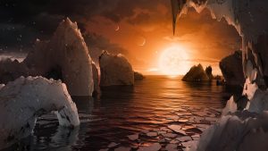 Artist’s rendering of an exoplanet in the TRAPPIST-1 system, situated in the constellation Aquarius, a target of the James Webb Telescope in the search for extraterrestrial life. Credit: NASA.