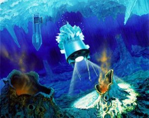 Illustration of the cryobot and its deployed hydrobot submersible exploring Europa’s ocean. Credit: NASA